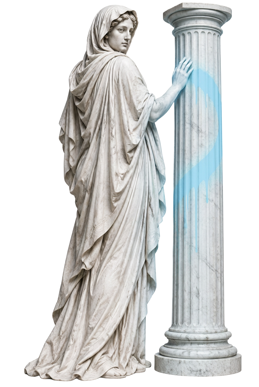 Figura clásica junto a una columna intervenida con pintura azul hielo