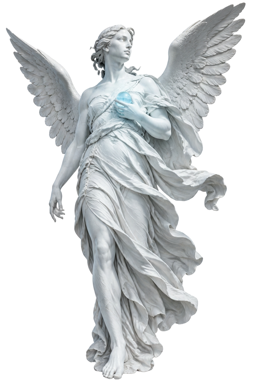 Escultura alada de mármol con una luz azul hielo